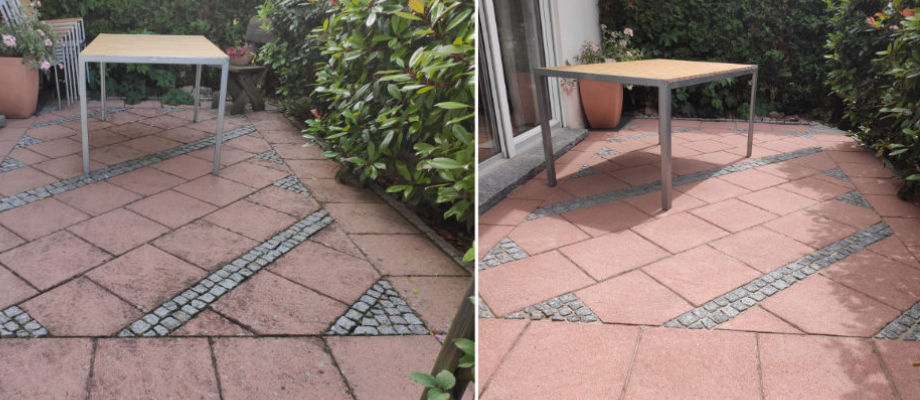 Terrassenplatten gereinigt mit Heißwasser, Vorher Nachher Bilder